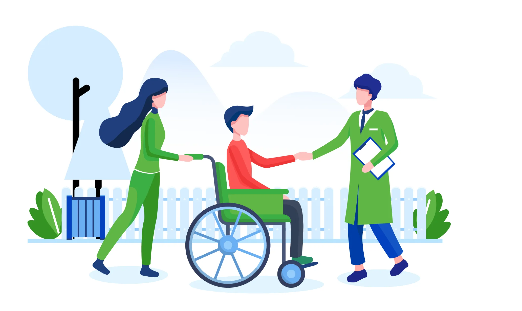 Accessable care team assisting a person in a wheelchair